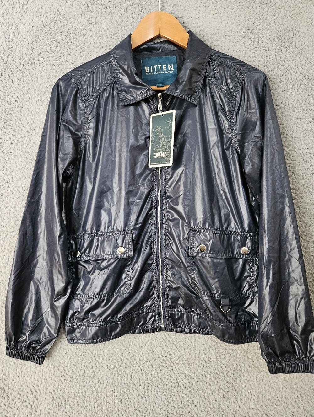 Bitten by SJP Navy Blue Bomber Jacket M Medium Y2K Wet Look Blokette Gorpcore
